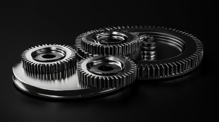 Floating mechanical gears composition, brushed steel finish, industrial design elements, detailed engineering components, systematic arrangement of cogs, dark atmospheric background, technical