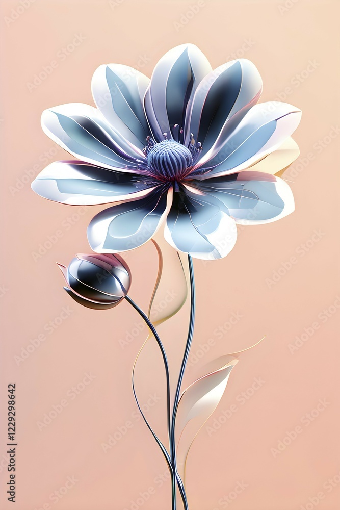 Poster digital rendered flower evolving in a futuristic forward botanical concept with minimalistic forms, 