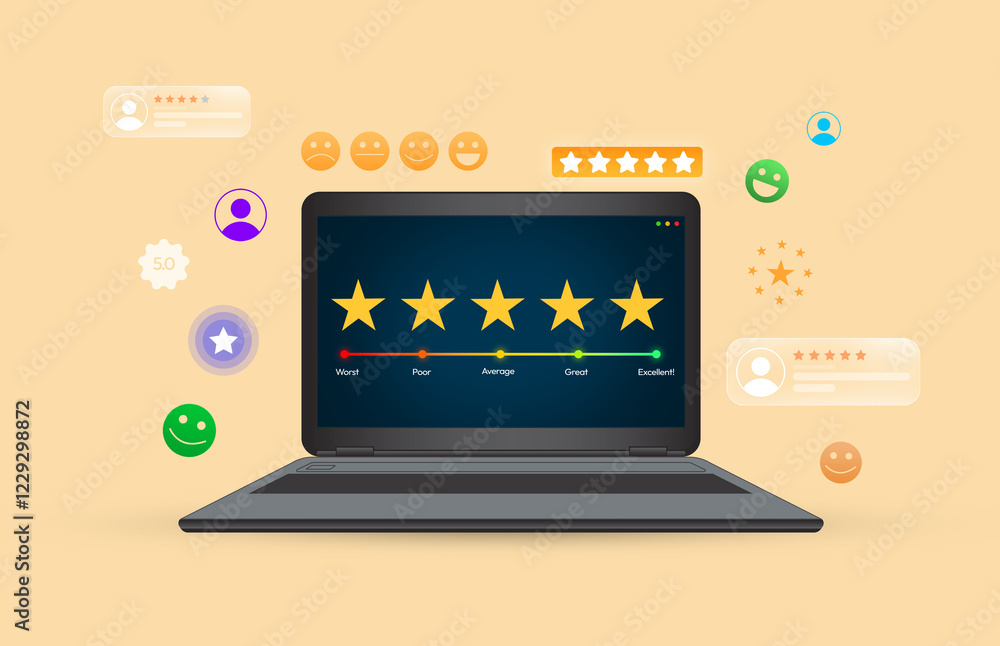 Poster customer feedback and rating on the laptop screen with five stars and floating design background. il