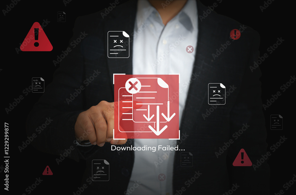 Poster downloading failed concept design with man touching the files, background. corrupted and damaged dow