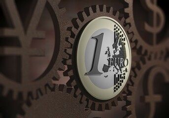 Euro coin, various currency symbols, cog wheels, illustration
