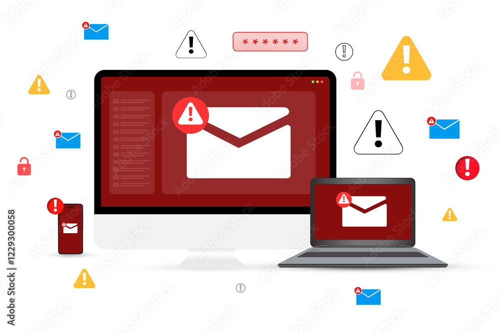 Poster error and virus in computer, laptop and phone with spam email concept design, floating warning shape