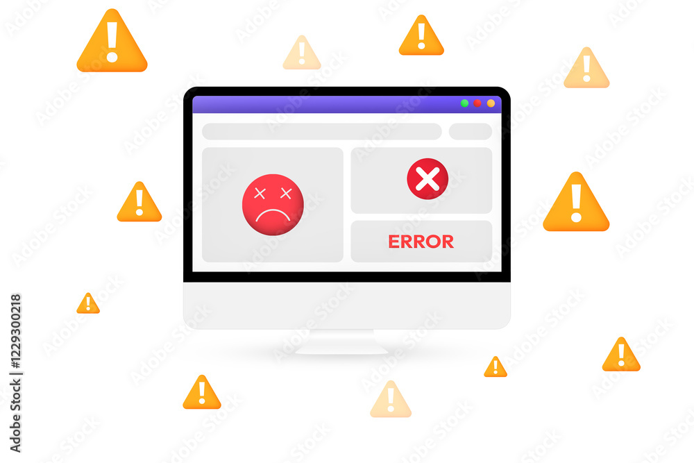 Poster errors appearing on the screen with yellow warning symbols floating around, background. web page err
