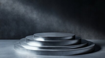 Obraz premium Elegant layered disc platform, industrial metallic silver finish, refined circular stage elements, premium shadow detail, professional studio spotlight effect, minimalist product display design,