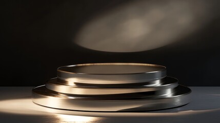 Sophisticated tiered circular podium, polished chrome metallic finish, dramatic centered spotlight effect, premium shadow gradients, minimalist geometric display platform, refined concentric ring