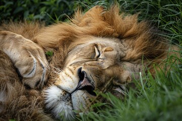 Male lion sleeping on grass Generative AI, AI generated