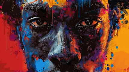A striking abstract portrait of an African American man, blending deep blues, reds, and yellows in a bold, expressive composition.  Black History Month themes