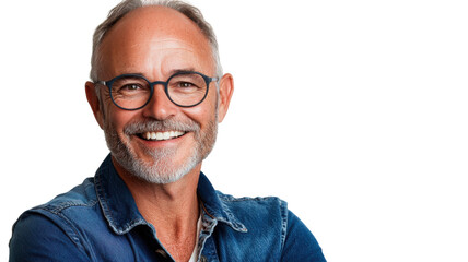 Smiling older man in denim shirt shows confidence and warmth against a plain background