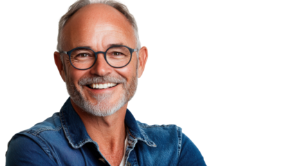 Smiling older man in denim shirt shows confidence and warmth against a plain background