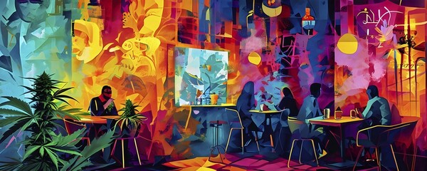 Abstract composition of a cannabis cafe with ambiance bold contrasting colors and playful shapes, AI generated