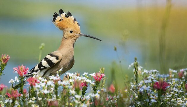 KI generated, animal, animals, bird, birds, biotope, habitat, one, individual, reed, water lilies, blue sky, foraging, wildlife, hoopoe (Upupa epops), tree hoopoes, meadow, spring, flowers
