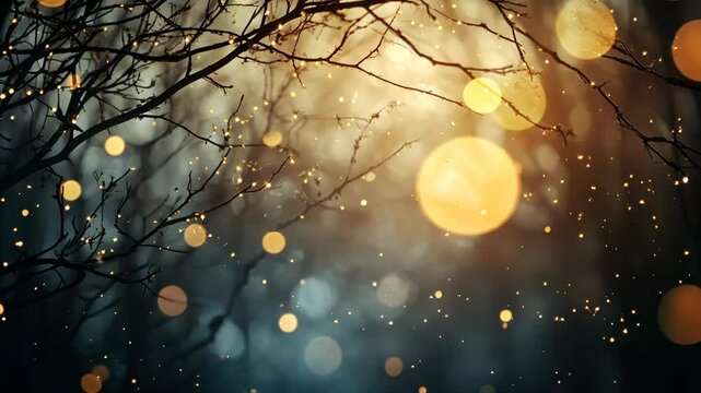 Enchanting forest lights twinkle through branches in magical evening scene