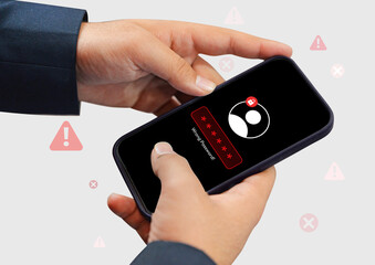 Login Failed background with Wrong Password on the mobile screen close up background. Person trying to login, failed attempt, false password, warning, red, smartphone