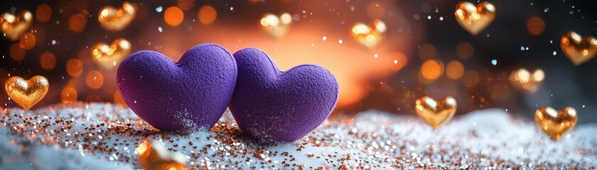 Fototapeta premium Two Purple Hearts Resting on Glittering White Sand with Golden Hearts in the Background