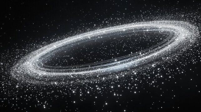 Ethereal glowing orbital ring with sparkling stardust trail, luminous white particle dispersion, celestial light effect, cosmic dark background, stellar sparkle elements, elegant circular light path,
