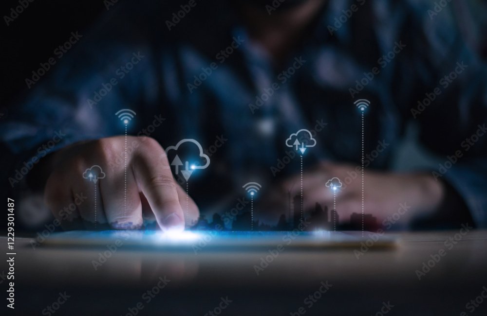 Aufkleber a person interacts with a digital tablet, displaying cloud computing, data storage, and wireless net