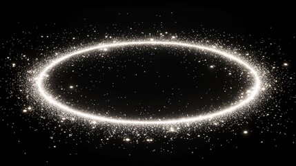Celestial ring light effect with scattered stardust, brilliant white orbital glow, premium particle dispersion, deep space backdrop, ethereal sparkle elements, refined circular animation,