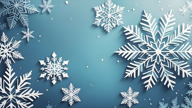 Abstract pattern of snowflakes in varying sizes and shapes in soft white and blue gradients, AI generated