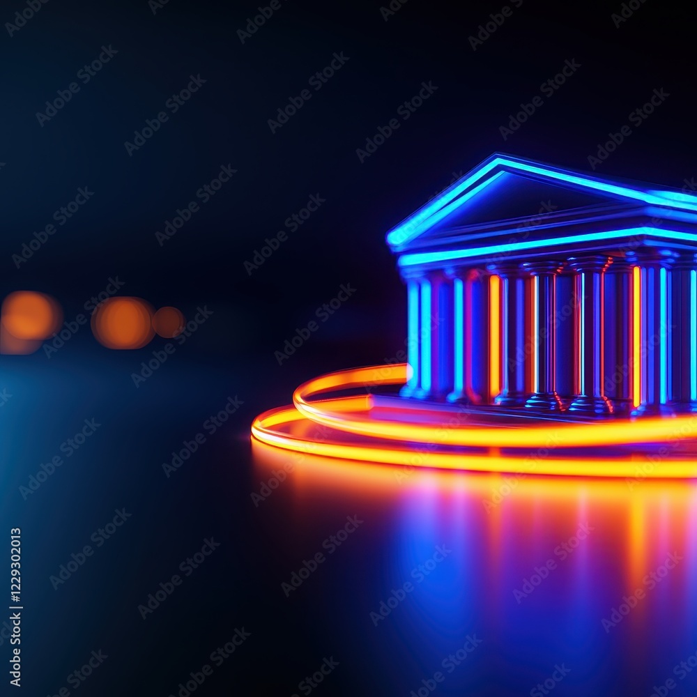 Poster a brightly lit, futuristic representation of a classical building with glowing columns and a circula