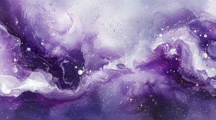 Ethereal fluid art composition with swirling violet hues, luminous pearl white marbling effect, celestial sparkle elements, dreamy watercolor gradients, premium amethyst color flow, elegant silver