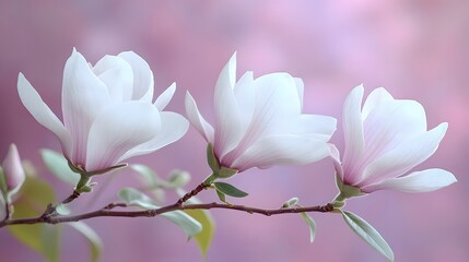 Fototapeta premium Elegant white magnolia flowers arranged on right side against light purple pastel background. Minimalist composition showcases delicate petals and green leaves in soft natural lighting.