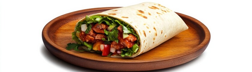 Obraz premium A burrito served in a rustic wooden plate, earthy tones, realistic illustration, isolated on white background