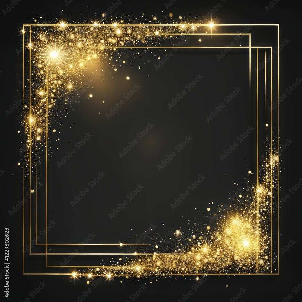 Poster golden square frame with sparkling glitter on a black background creating an elegant atmosphere, ai 