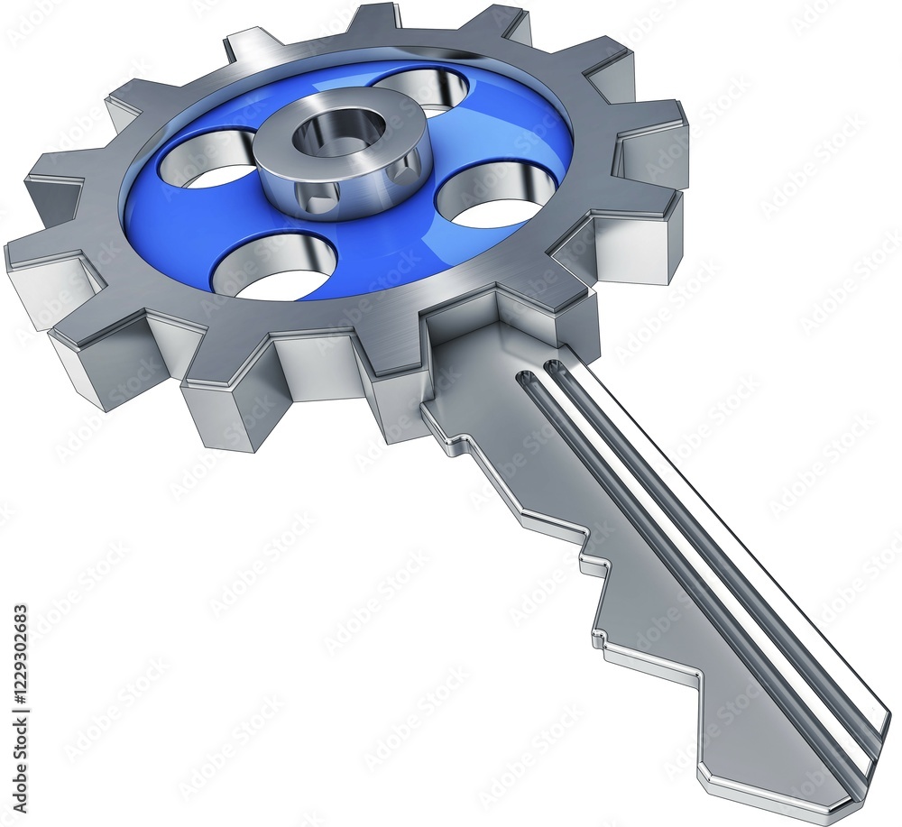 Poster high resolution rendering of a key with a cog wheel