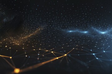 Obraz premium Abstract digital network on a dark background with gold and blue glowing lights and dots connected by lines, Fire Particles, AI generated