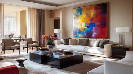 A stylish modern living room with an abstract painting on the wall. picture