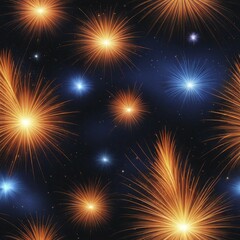 Fototapeta premium Scattered orange and blue fireworks light up the night sky in a bright, festive celebration, AI generated