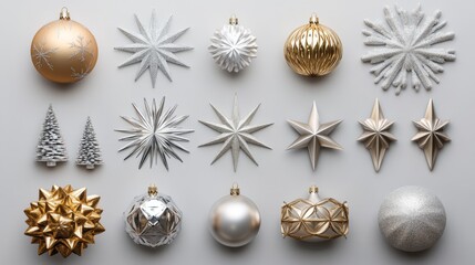 Artistic holiday ornament layout with mixed metallic elements, premium silver and gold finish combinations, sophisticated snowflake variations, elegant Christmas tree silhouettes, refined geometric