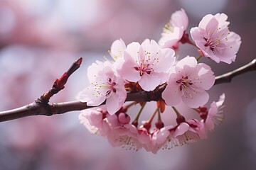 Obraz premium Close up of branch with pink cherry blossom flowers. KI generiert, generiert AI generated