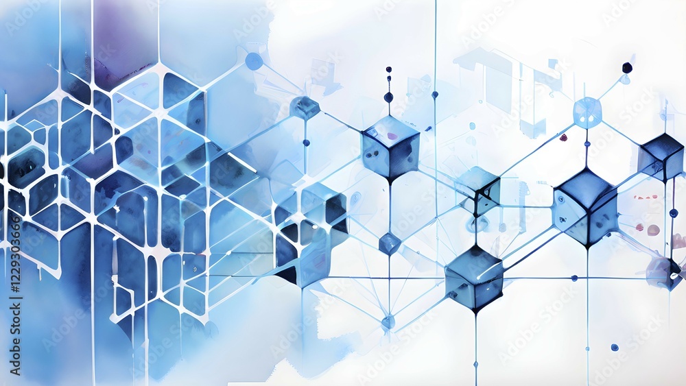 Poster abstract artwork illustrating blockchain technology with interconnected geometric shapes symbolizing