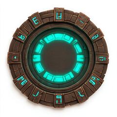 Naklejka premium circular game asset with glowing turquoise elements and intricate designs
