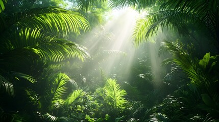 Obraz premium Dense jungle vegetation fills lush tropical rainforest as morning mist and sun rays pierce through canopy. Vibrant green palm fronds and ferns create mystical forest scene with atmospheric fog.