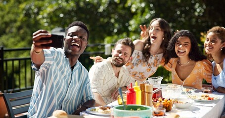 Friends, lunch and smile with selfie outdoor for new year celebration, social gathering or profile picture update. Happy memory, diversity people or photography on terrace with food for festive party