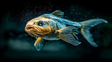 Fototapeta premium A vibrant underwater scene featuring a majestic fish swimming gracefully through bubbles