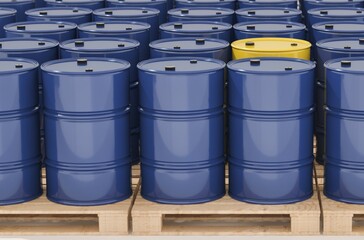 Metal barrels on pallets, many blue and a single yellow