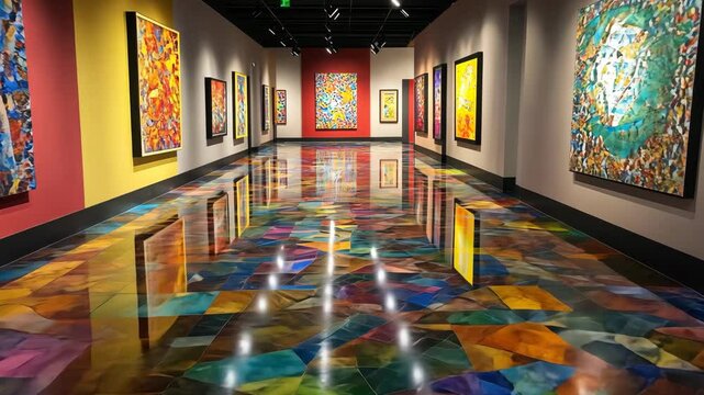 Vibrant art gallery with reflective floors showcasing colorful abstract paintings