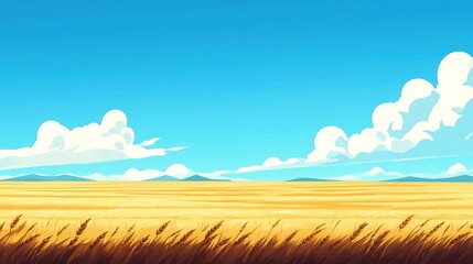 Obraz premium Golden wheat field, sunny sky, distant mountains, game background