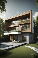 Fototapeta premium Three dimensional render of a modern ecological real estate residential house, AI gnerated, AI generated