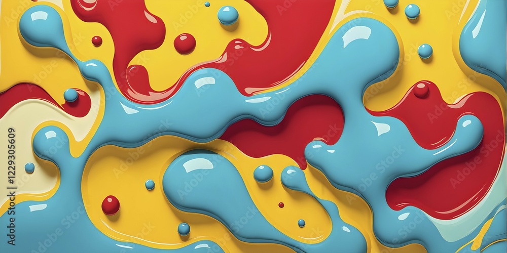 Poster abstract image with vibrant blue and red blobs and liquid shapes on a yellow background, ai generate