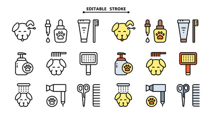 Naklejka premium Pet grooming salon outline icons set. Taking care of cats and dogs. Veterinarian services. Simple vector icons for ui and ux, website or mobile application