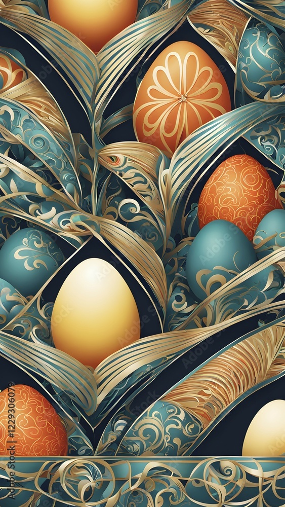 Poster a whimsical abstract pattern with intertwined ribbons, eggs, and floral motifs, with a mix of sharp 