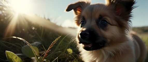Obraz premium A close up of a fluffy puppy gleefully discovering the joys of nature on a sunny day