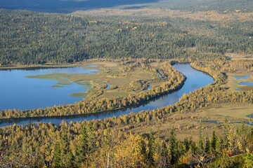 River landscape in autumn, view from Mount Nammasj, Kvikkjokk Delta, River Tarraätno, Sarek...