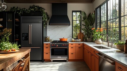 Modern kitchen design, orange cabinets, sunlight, plants. Use Interior design inspiration