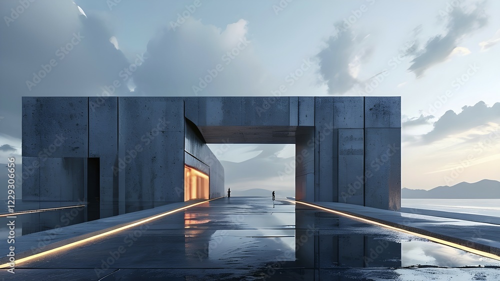 Poster minimalistic grey colored architecture in geometric adorned structures against a surreal backdrop, a