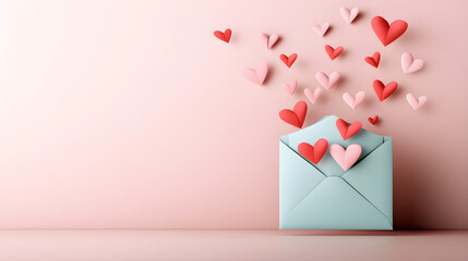 letter envelope with papier origami heart shaped confetti on pastel background. Festive romantic and love concept. Valentines or anniversary day background for greeting card, banner with copy space.